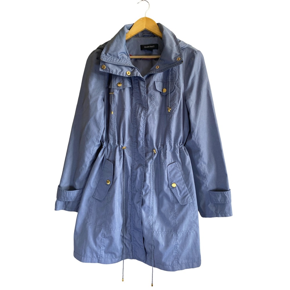 Ellen Tracy Womens Blue Hooded Anorak Jacket Drawstring Waist Size Large